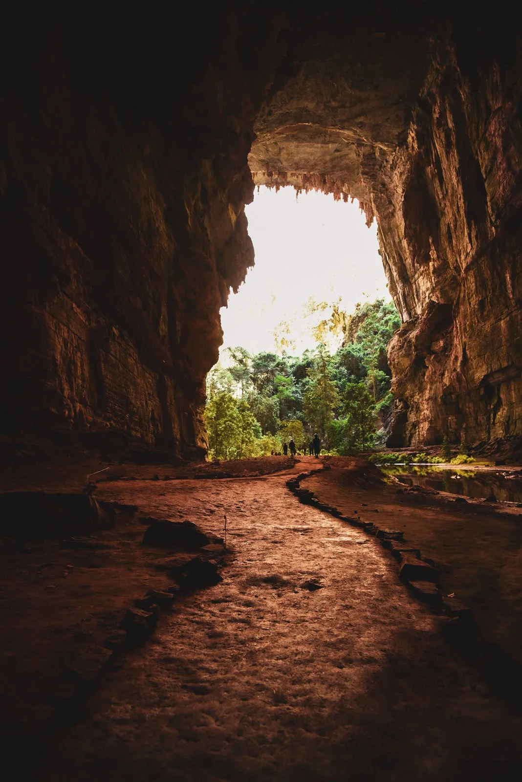 Entrada monumental de uma caverna com vegetação ao fundo