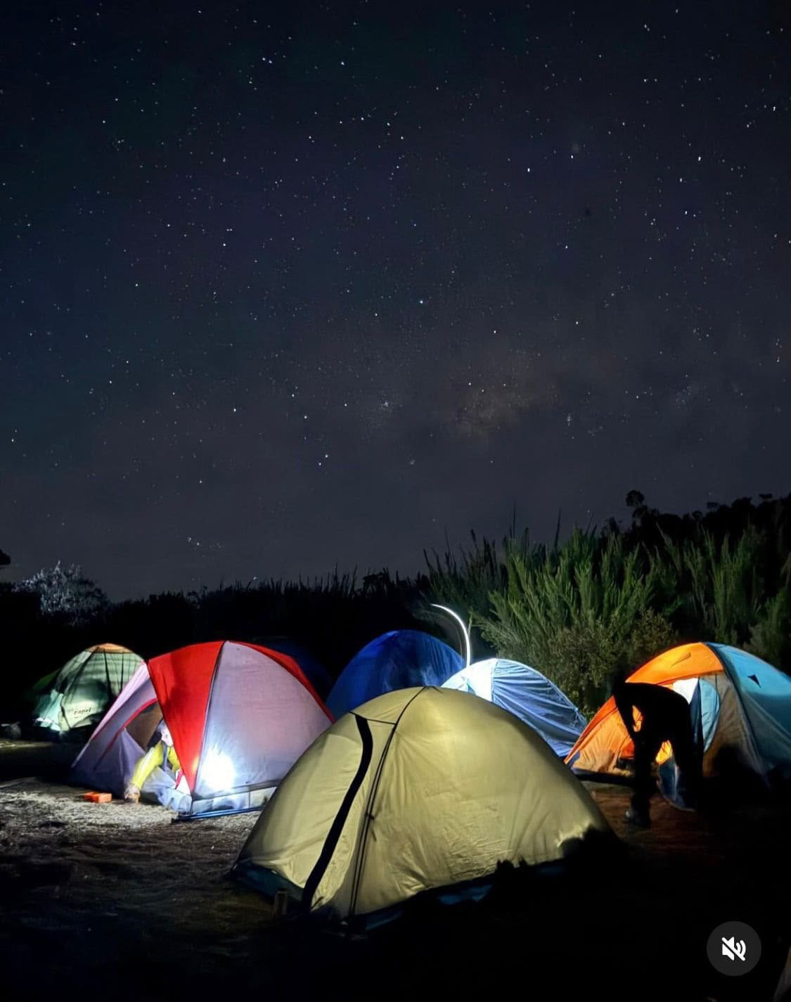Barracas iluminadas durante o camping sob as estrelas